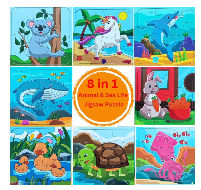 8-in-1 Jigsaw Puzzle Set for Kids , 8 Animal & Sea Life Puzzles (4 & 9 Pieces)
