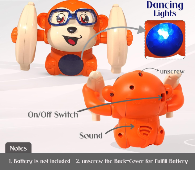Dancing Monkey Toy for Kids | Tumbling, Rolling & Spinning Toy with Bright LED Lights, Sound Effects | Voice Activation with Motion Sensor | Interactive Play for Toddlers & Kids - Orange